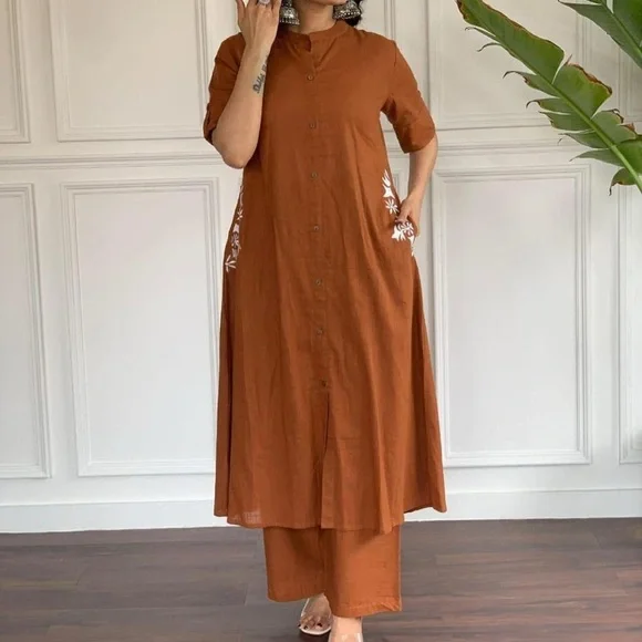Rust Brown Button-Down Kurta Set - Picture 1 of 3
